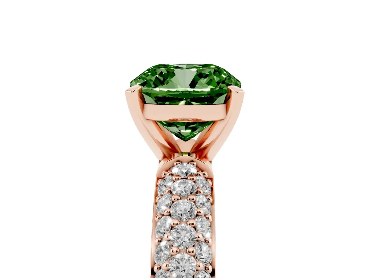 Fancy Green Cushion Cut Diamond Solitaire Ring with Prong Setting and Pavé Band Rose gold