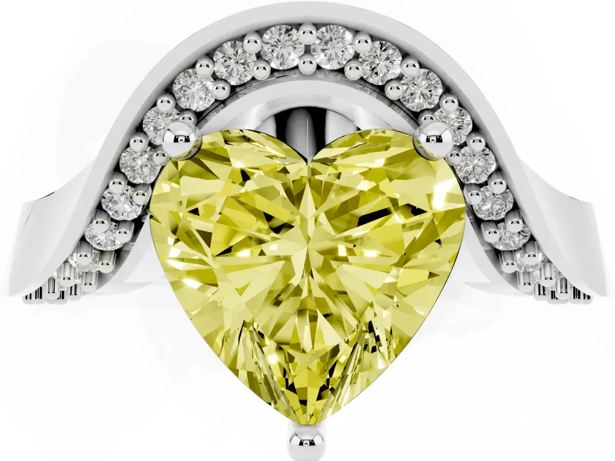 Fancy Yellow Heart Cut Solitaire Diamond Engagement Ring with Pave Band and Four-Prong Setting Silver