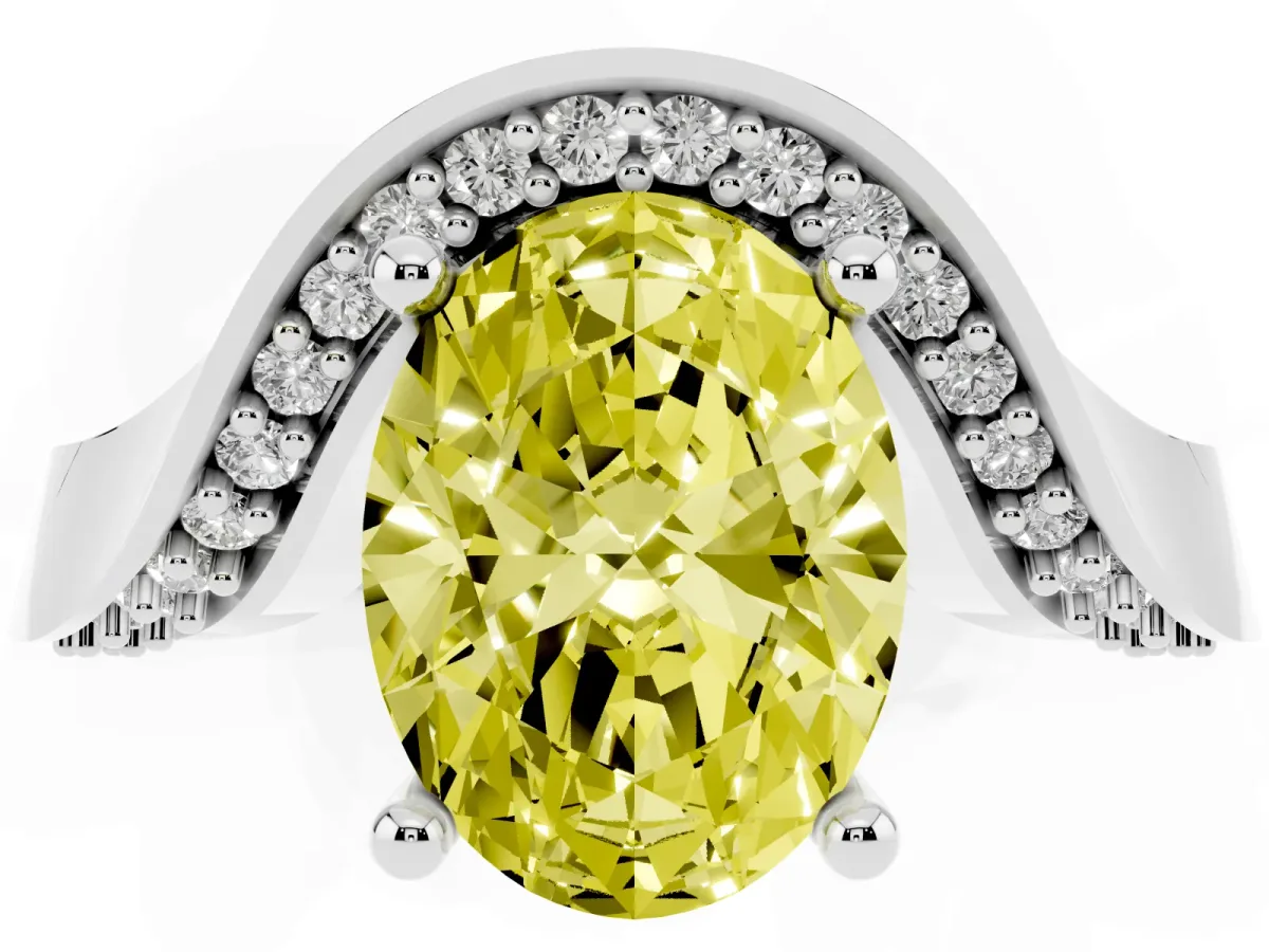 Fancy Yellow Oval Cut Solitaire Diamond Engagement Ring with Pave Band and Four-Prong Setting Platinum