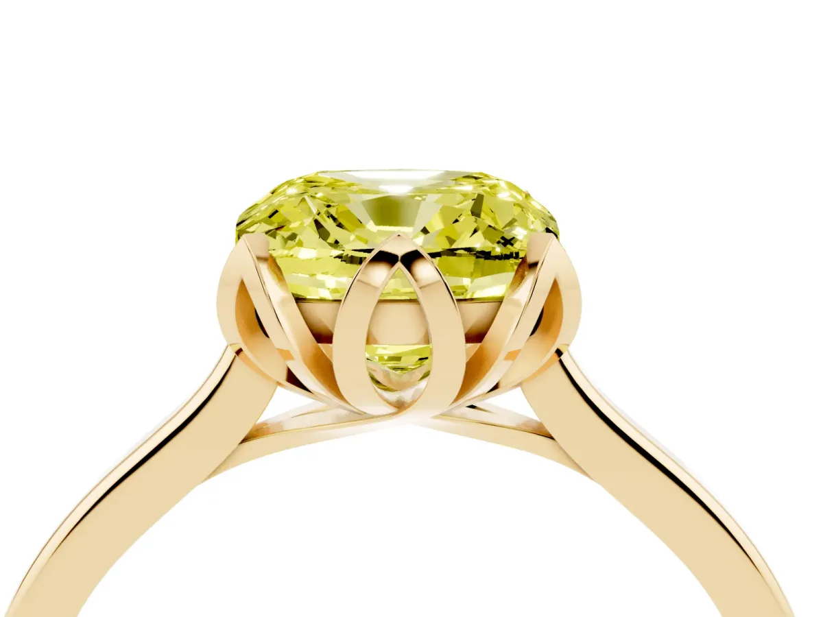 Fancy Yellow Cushion Cut Diamond Solitaire Ring with Flower Prong Setting and Classic Band Yellow gold