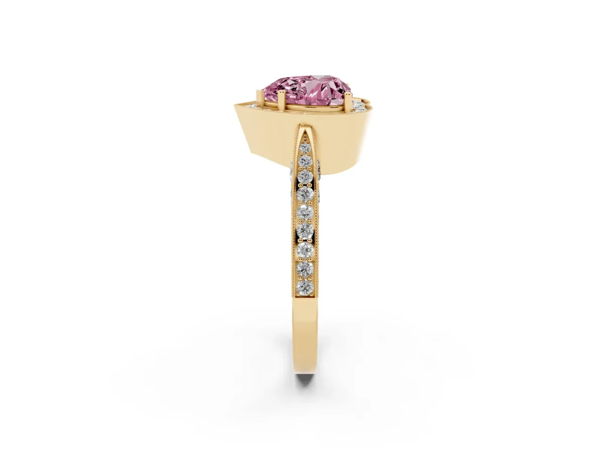 Fancy Pink Heart Cut Halo Diamond Engagement Ring with Split Shank Band and Four-Prong Setting Yellow gold