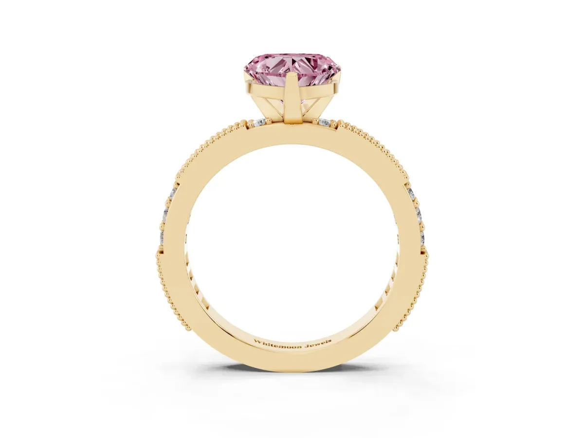 Fancy Pink Heart Cut Solitaire with Pavé Band and Four-Prong Setting Yellow gold