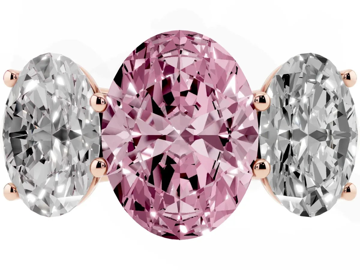 Fancy Pink Oval Cut Three-Stone Diamond Ring with Prong Setting on a Classic Band Rose gold