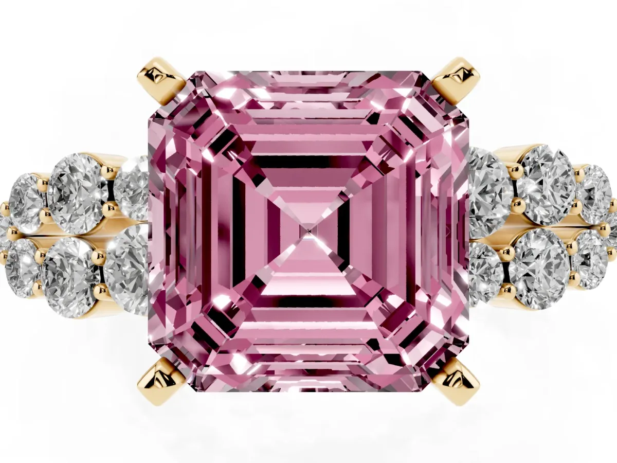 Fancy Pink Asscher Cut Cluster Diamond Engagement Ring with Pavé Band and Four-Prong Setting Yellow gold