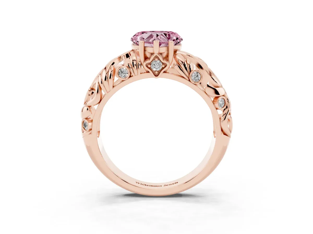 Fancy Pink Heart Cut Solitaire Diamond Leaf-Inspired Vine Band Ring with Prong Setting Rose gold