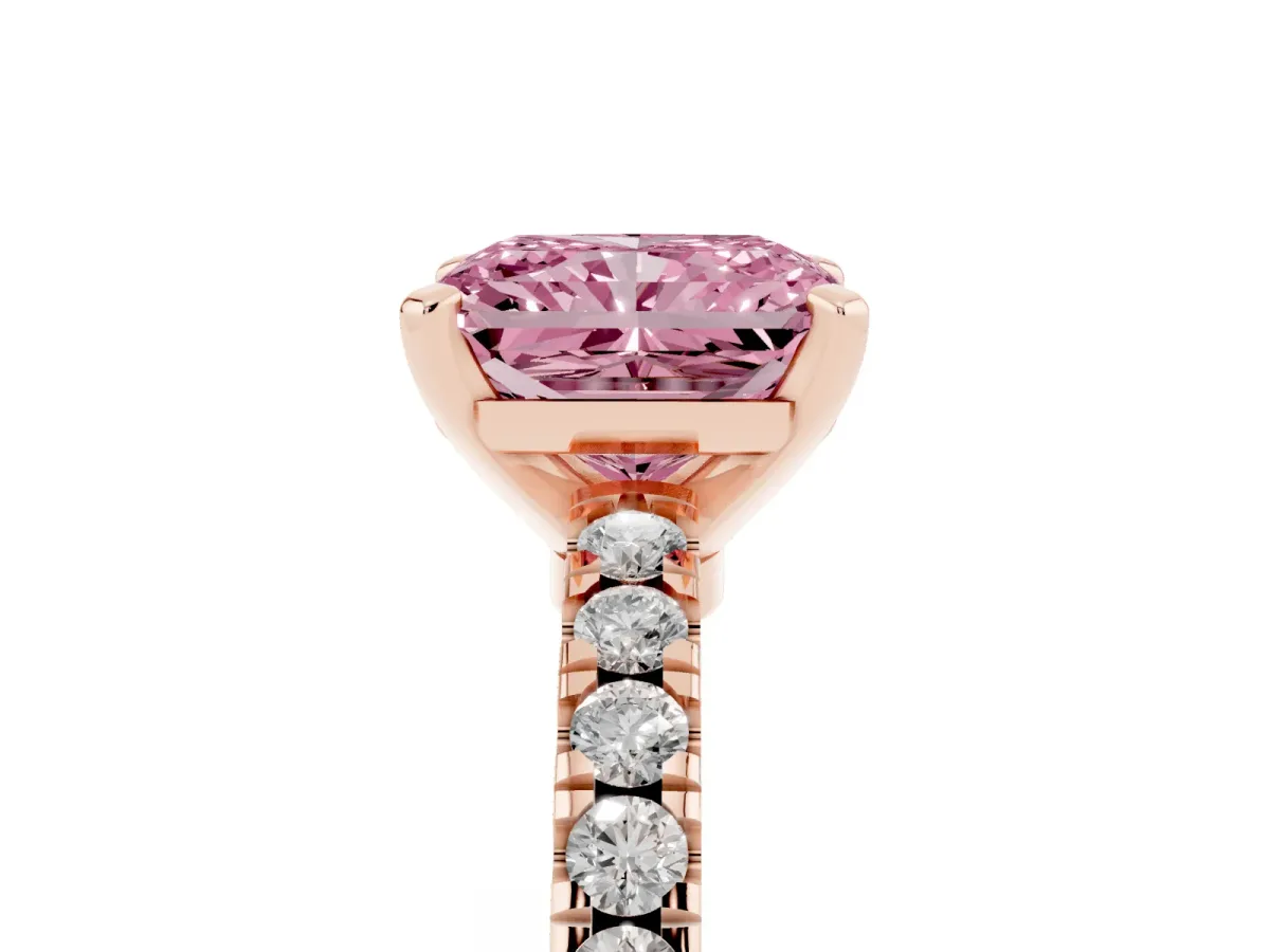 Fancy Pink Radiant Cut Solitaire Diamond with Pavé Band and Four-Prong Setting Rose gold