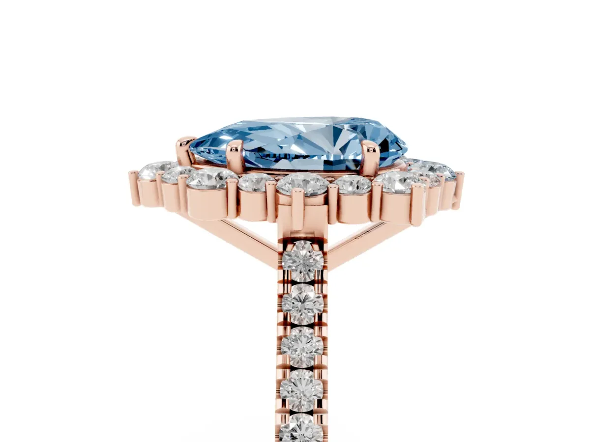 Fancy Blue Pear Cut Halo Diamond Ring with Pavé Band and Prong Setting Rose gold