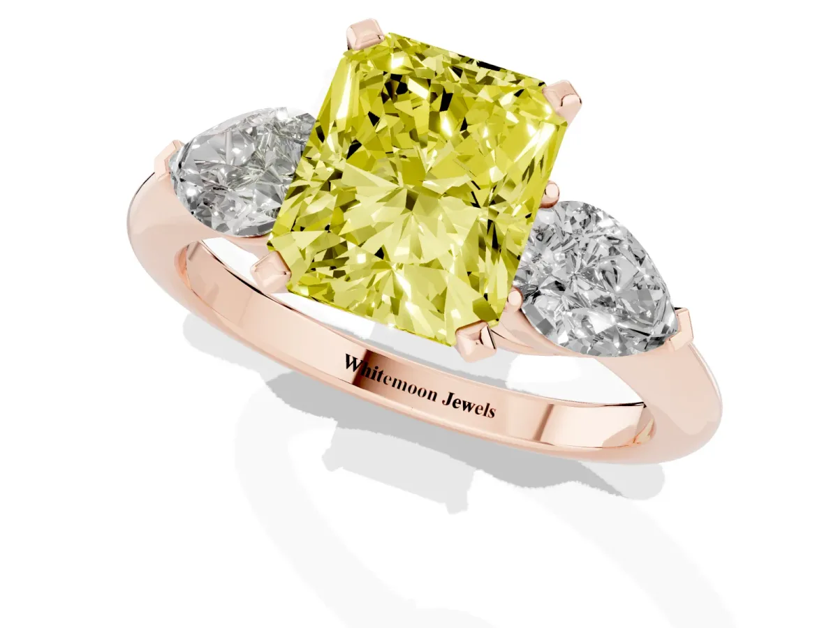 Fancy Yellow Three-Stone Radiant Cut Diamond Ring with Pear Side Stones and Four-Prong Setting Rose gold