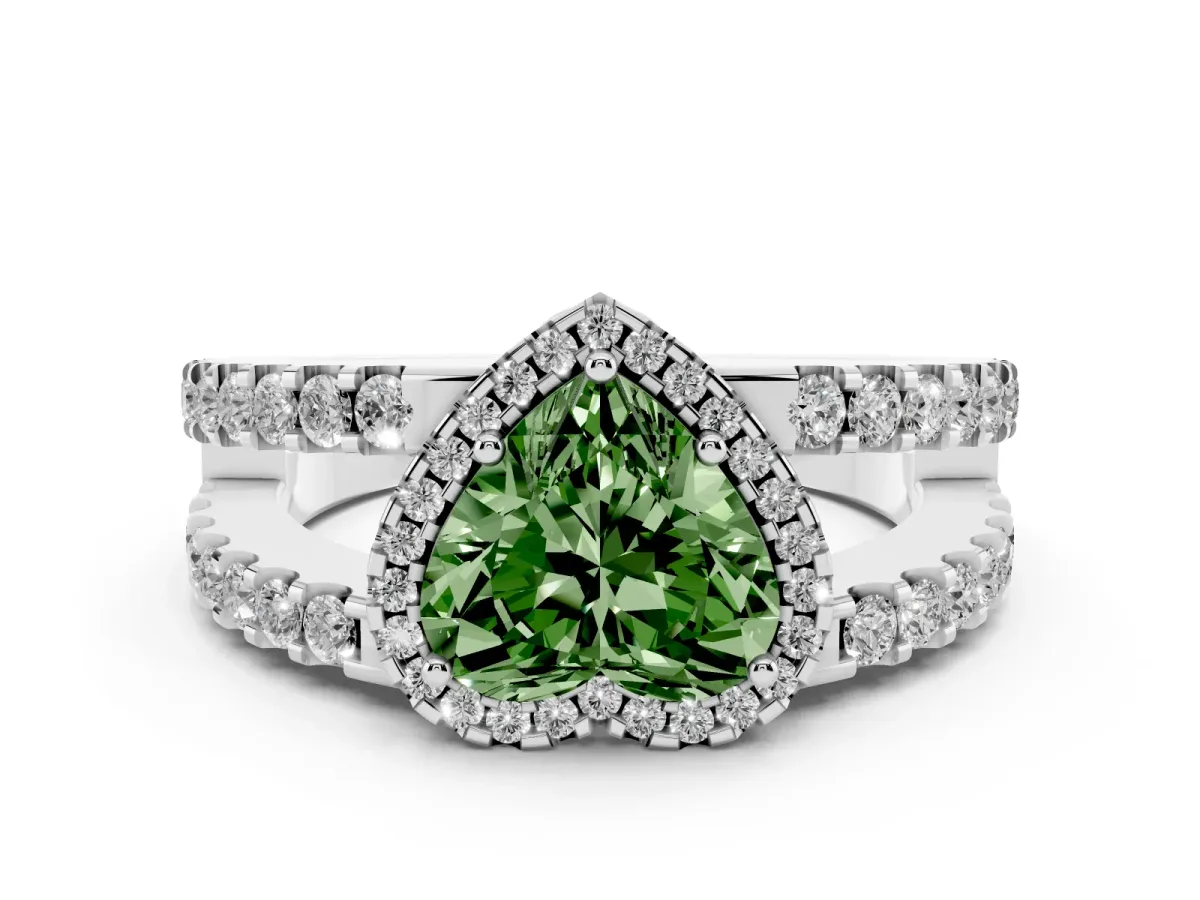 Fancy Green Heart Cut Cut Halo Split Shank Diamond Ring with Four-Prong Setting Silver