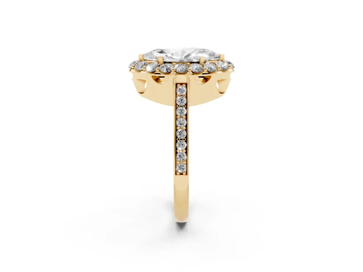 Marquise Cut Diamond Floral Halo Ring with Pavé Band and Prong Setting Yellow gold
