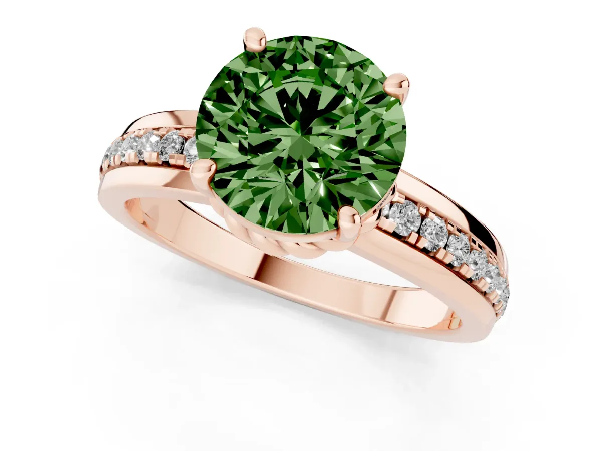 Fancy Green Round Cut Solitaire Diamond Ring with Channel Set Band and Six-Prong Setting Rose gold