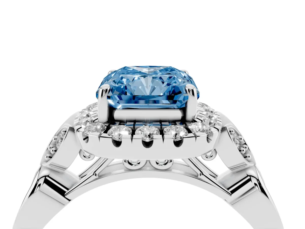 Fancy Blue Radiant Cut Halo Diamond Engagement Ring with Vintage-Inspired Band and Four-Prong Setting White gold