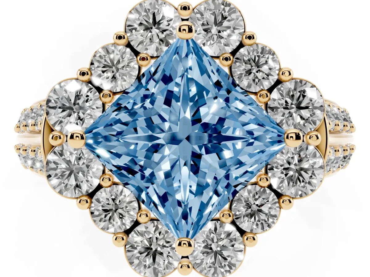 Fancy Blue Princess Cut Halo Diamond Engagement Ring with Split Shank and Prong Setting Yellow gold