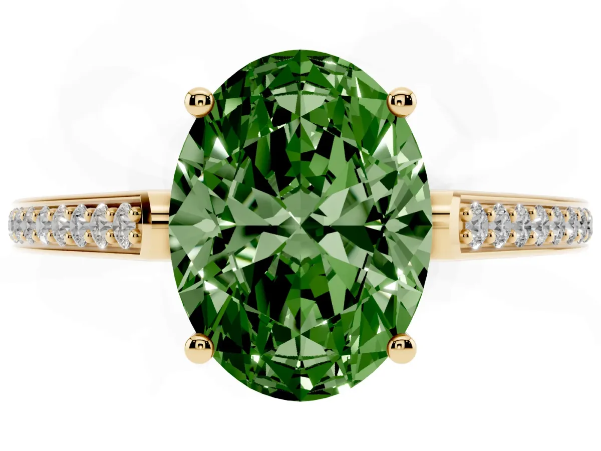 Fancy Green Oval Cut Cut Cathedral Pave Diamond Engagement Ring with Six-Prong Setting Yellow gold