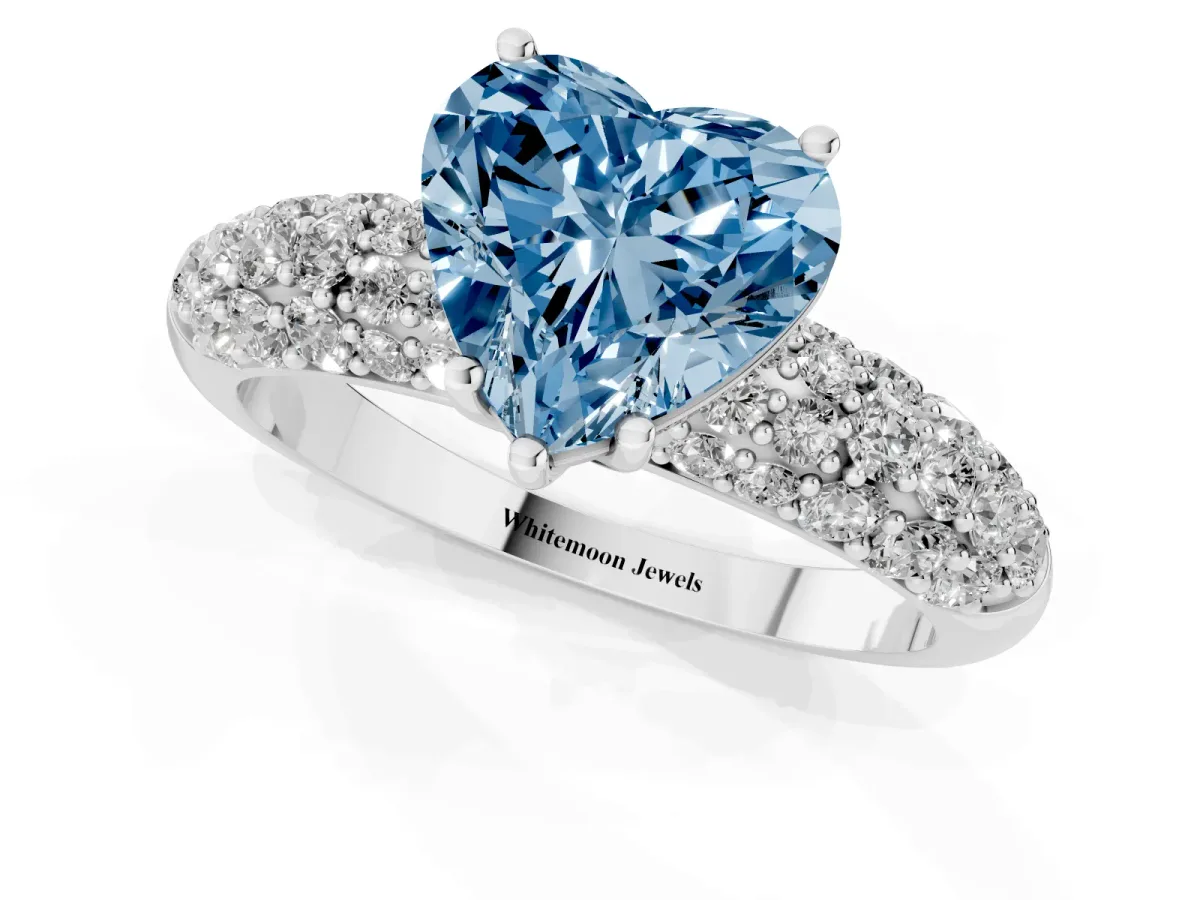 Fancy Blue Heart Cut Diamond Pavé Band Solitaire Ring with Four-Prong Setting Silver