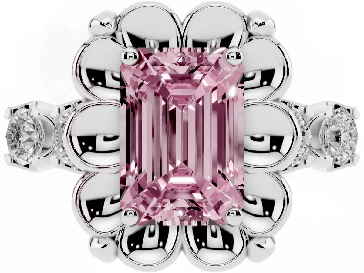 Fancy Pink Emerald Cut Cut Diamond Floral Halo Engagement Ring with Shared Prong Setting Silver