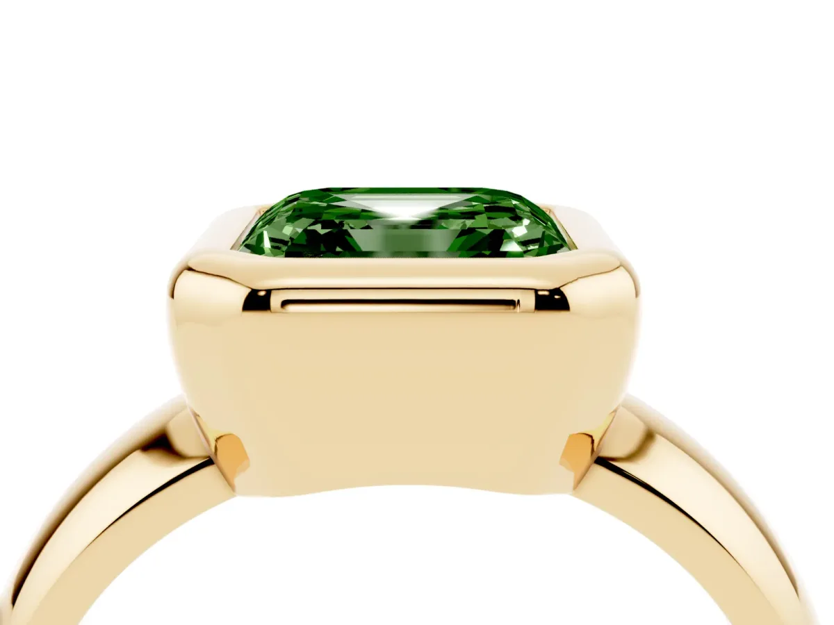 Fancy Green Bezel Set Asscher Cut Solitaire Ring with Wide Band Yellow gold
