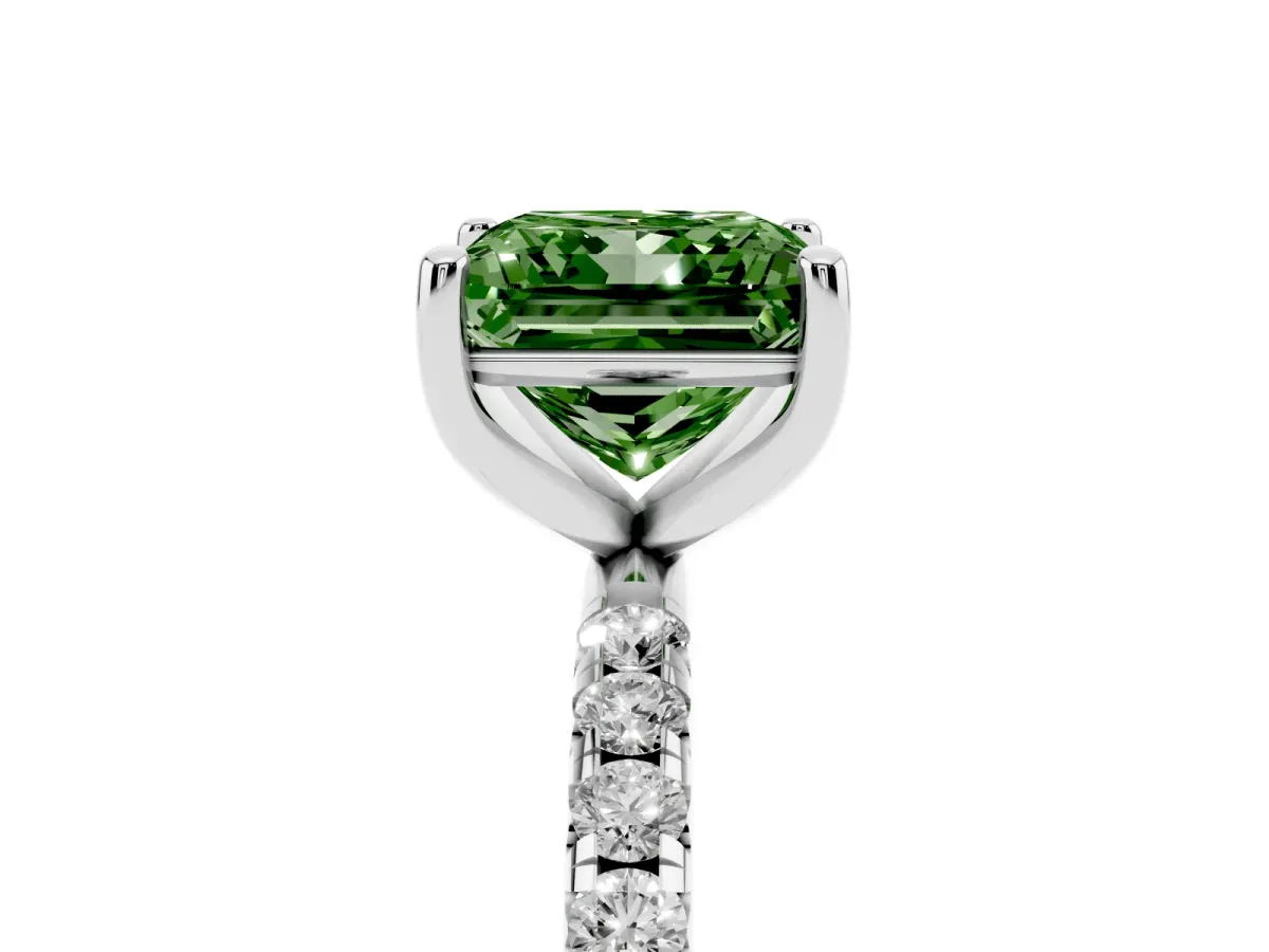 Fancy Green Princess Cut Cut Diamond Solitaire Ring with Micro Pave Band and Four Prong Setting Silver