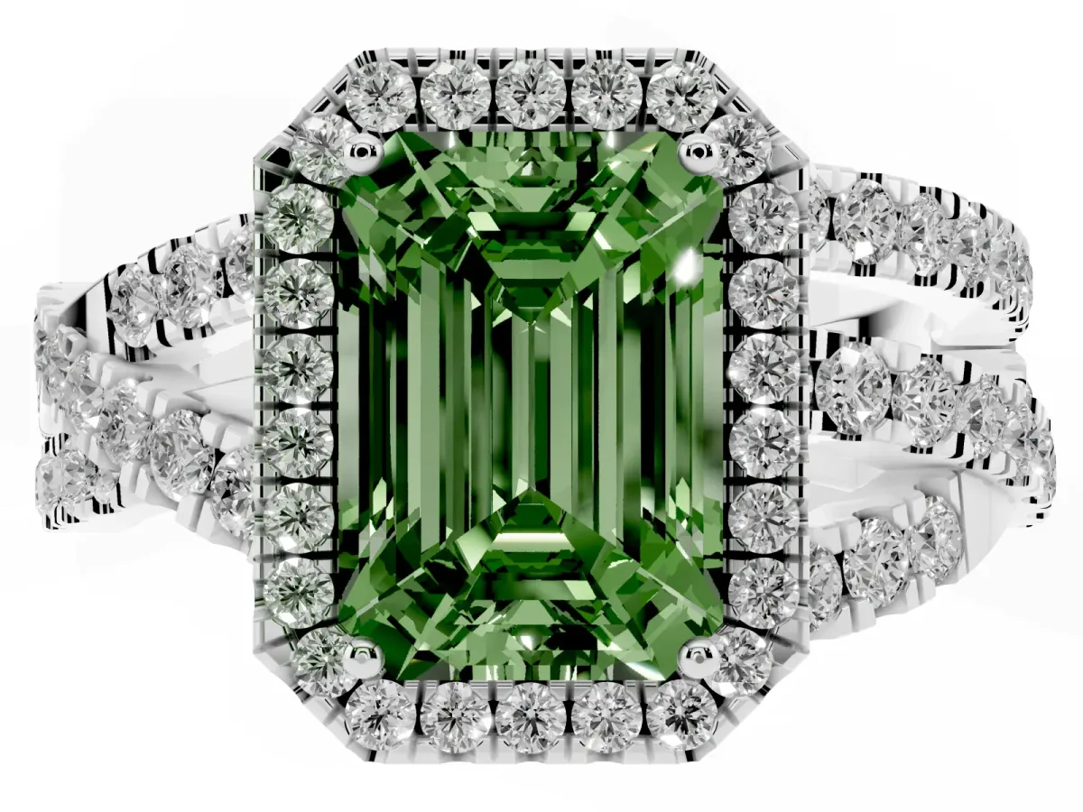 Fancy Green Emerald Cut Diamond Halo Ring with Round Split Shank and Prong Setting Silver