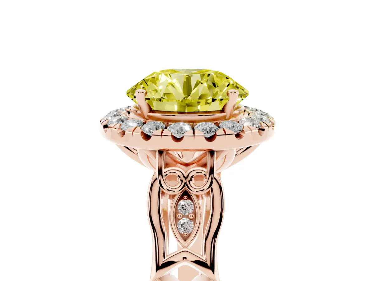 Fancy Yellow Round Cut Halo Diamond Engagement Ring with Filigree Band and Four-Prong Setting Rose gold