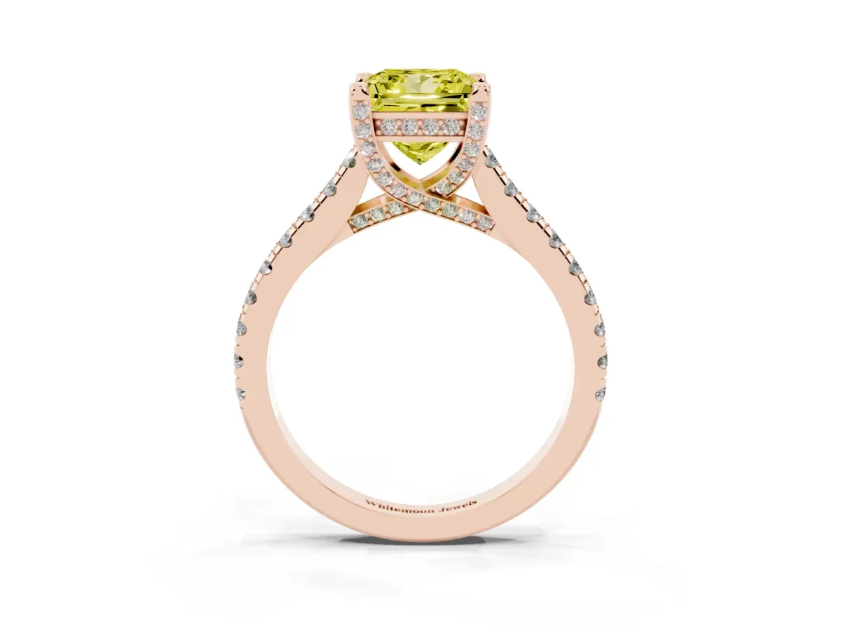 Fancy Yellow Princess Cut Brilliant Diamond Solitaire with Pavé Band and Four-Prong Setting Rose gold