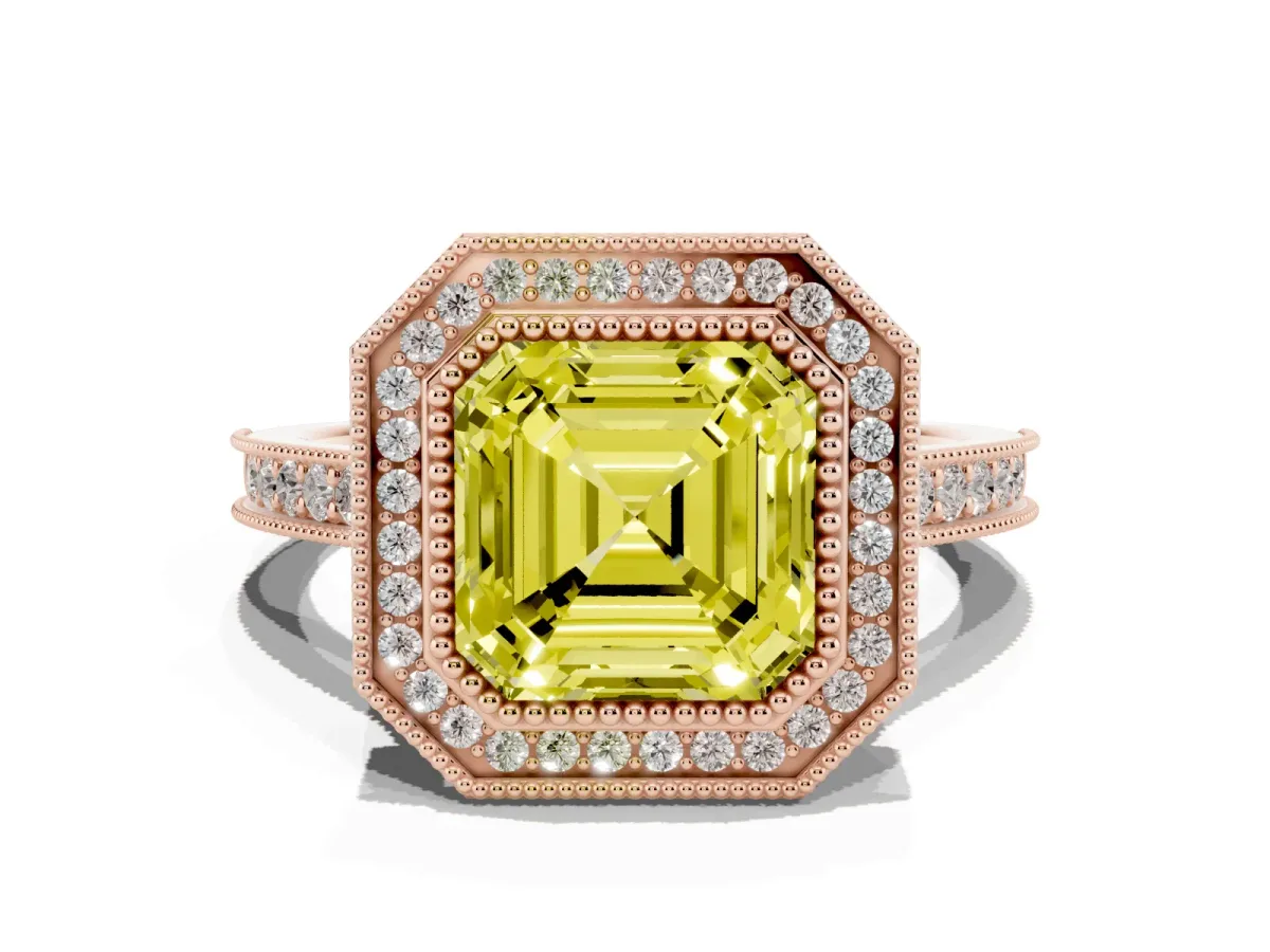 Fancy Yellow Halo Asscher Cut-Cut Diamond Pave Band Milgrain Prong Setting Ring Rose gold