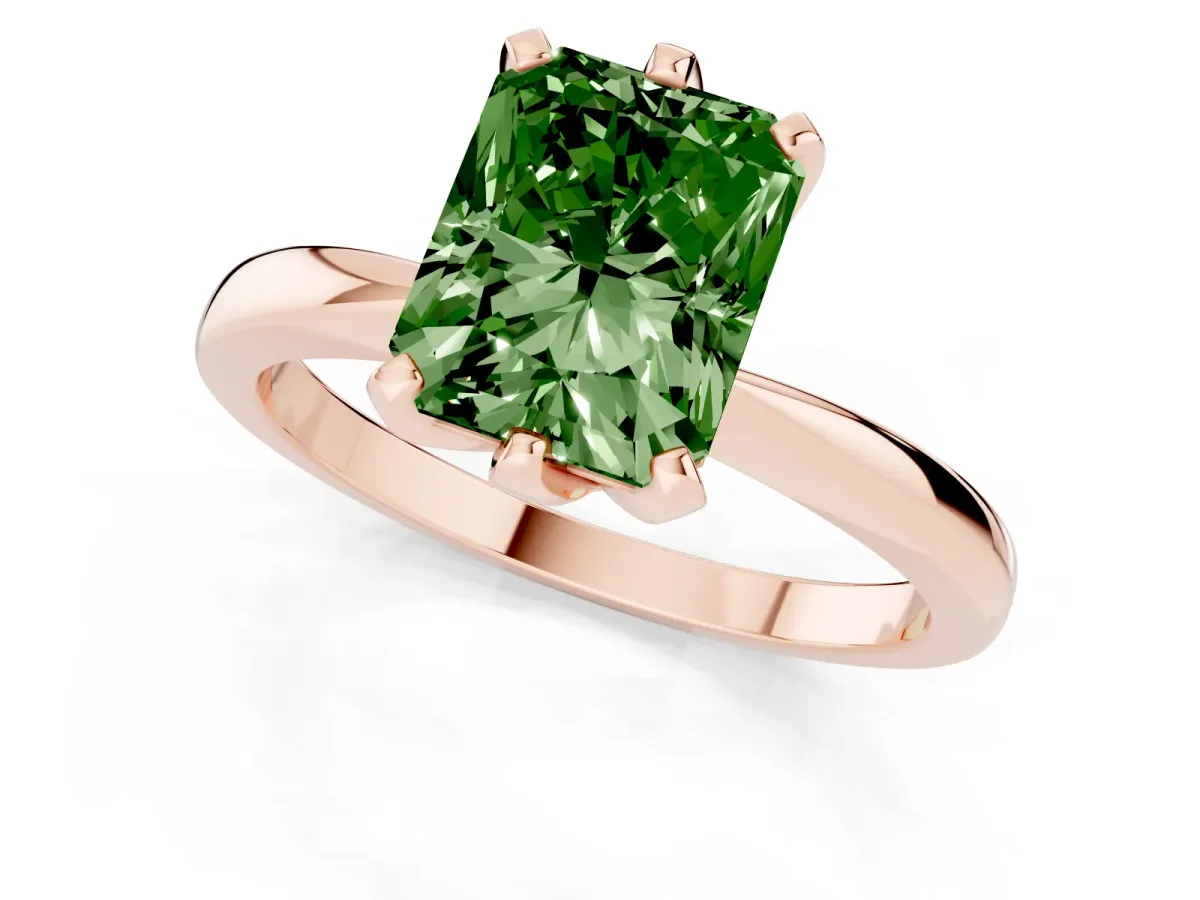 Fancy Green Radiant Cut Solitaire Engagement Ring with Six-Prong Setting and Tapered Band Rose gold