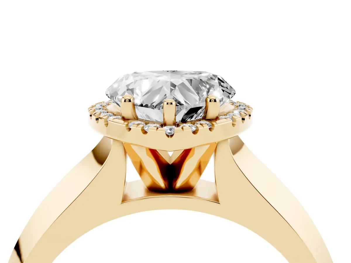 Heart Cut Halo Diamond Ring with Cathedral Band and Four-Prong Setting Yellow gold