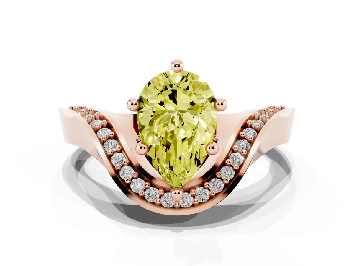 Fancy Yellow Pear Cut Solitaire Diamond Engagement Ring with Pave Band and Four-Prong Setting Rose gold