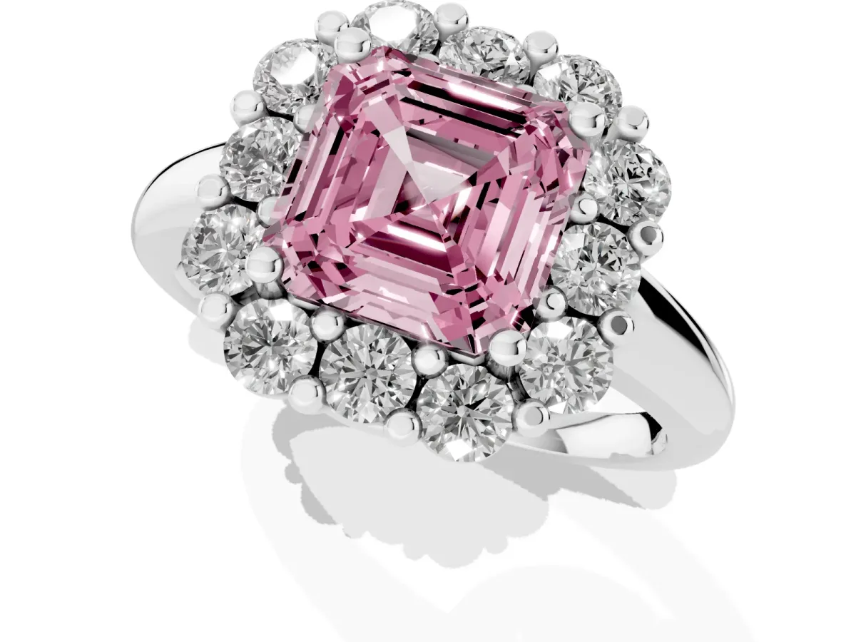 Fancy Pink Asscher Cut Halo Cluster Diamond Engagement Ring with Prong Setting and Polished Band White gold