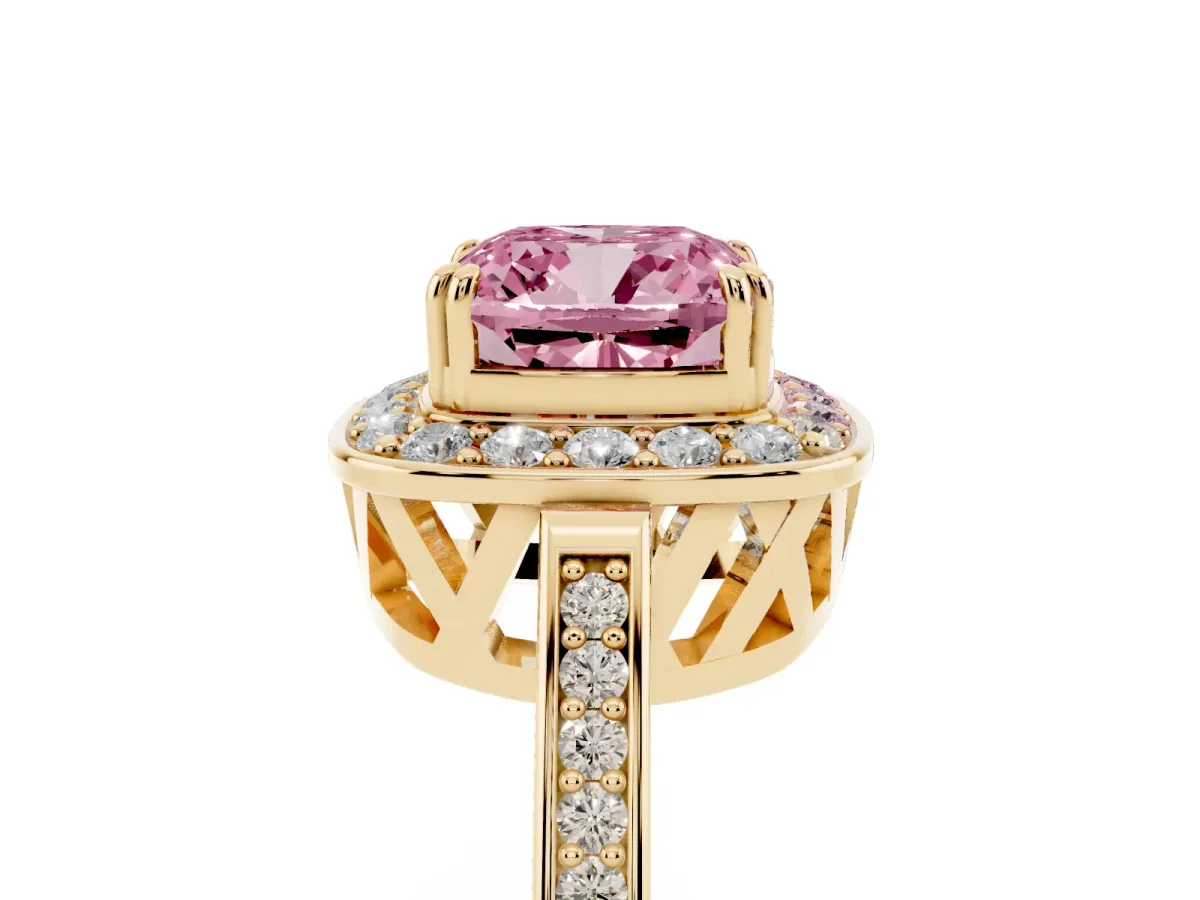 Fancy Pink Cushion Cut Diamond Halo Ring with Split Shank and Four-Prong Setting Yellow gold
