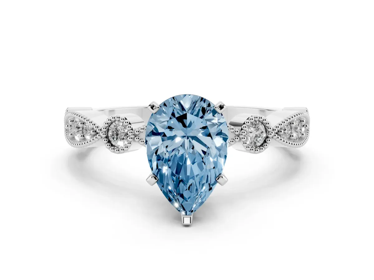 Fancy Blue Pear Cut Milgrain Bezel Diamond Engagement Ring with Solitaire Prong Setting Platinum
