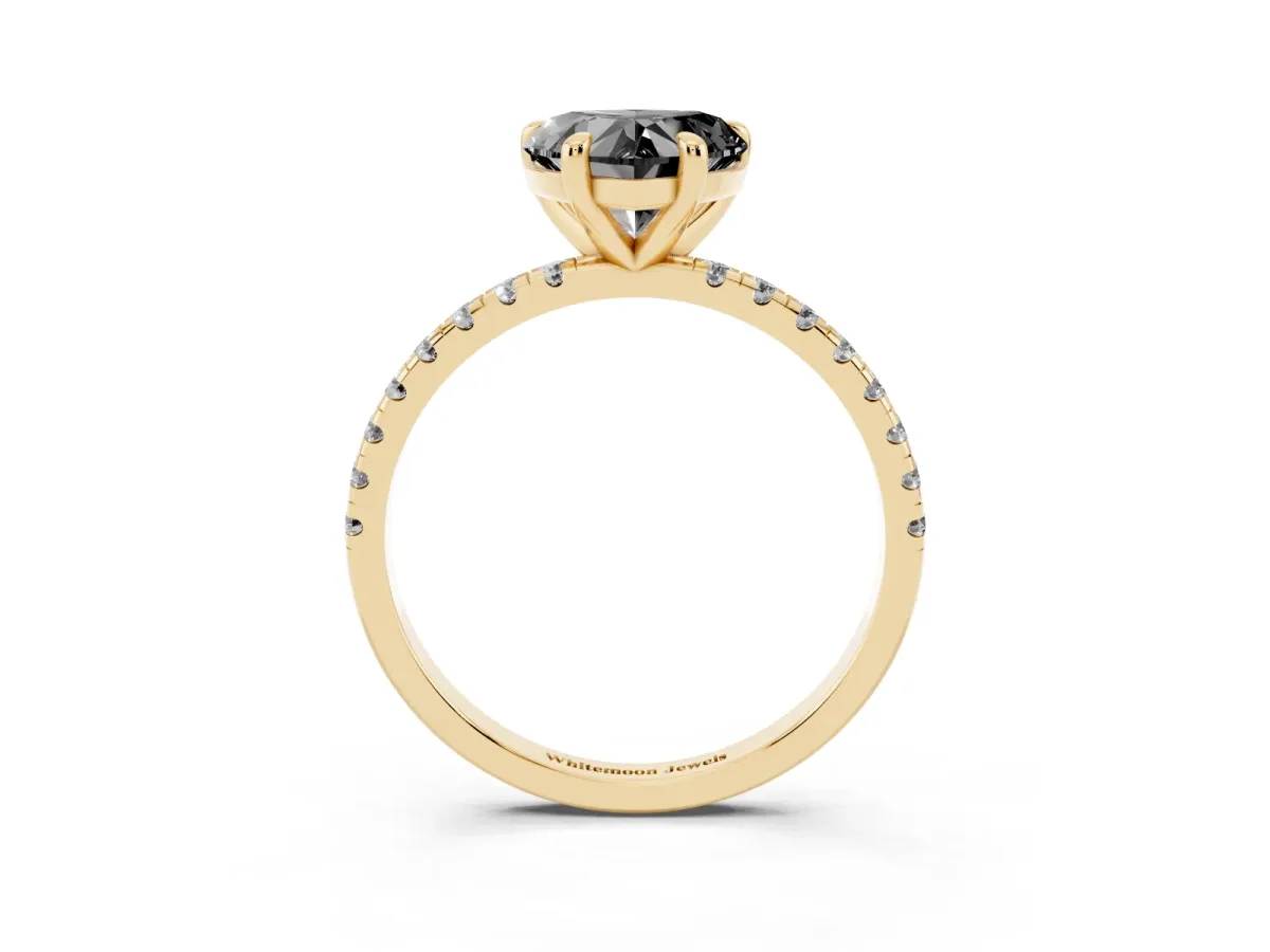 Fancy Black Heart Cut Diamond Brilliant Solitaire Ring with Pavé Band and Four-Prong Setting Yellow gold