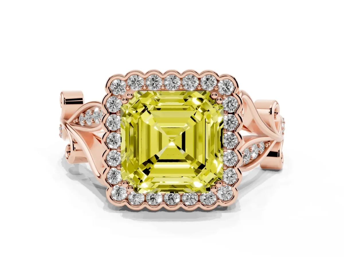 Fancy Yellow Asscher Cut Diamond Halo Ring with Vintage Split Shank and Four-Prong Setting Rose gold