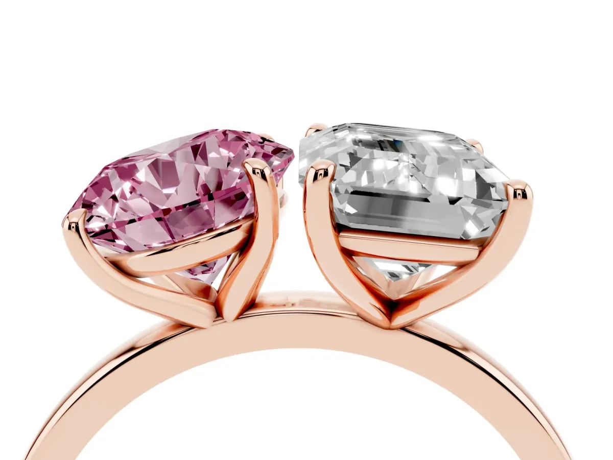 Fancy Pink Round Cut and Emerald Cut Toi Moi Ring with Prong Setting Rose gold
