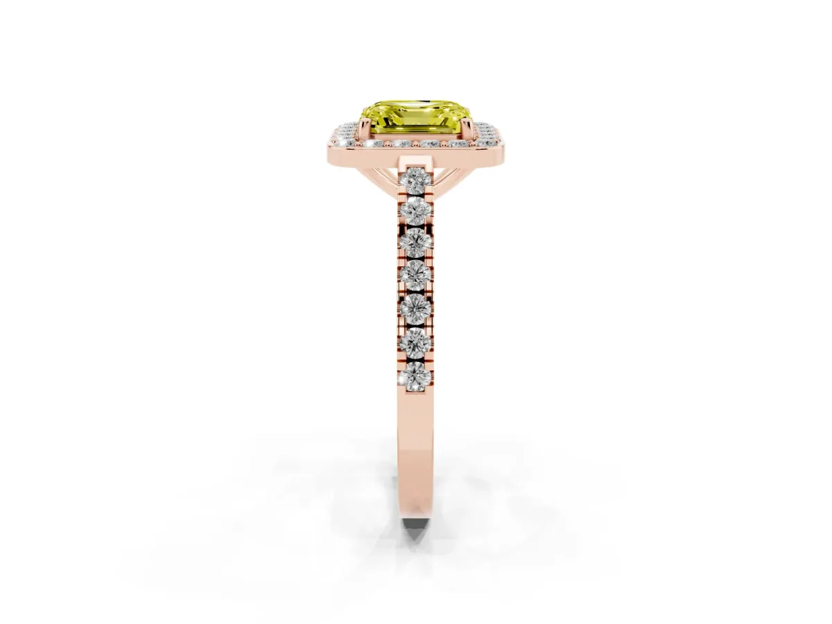 Fancy Yellow Asscher Cut Diamond Halo Ring with Round Pavé Split Shank and Prong Setting Rose gold