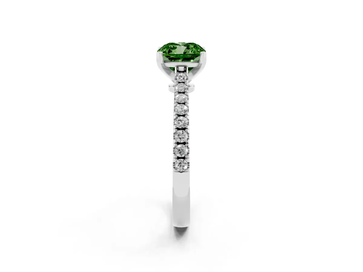 Fancy Green Cushion Cut Cut Solitaire Diamond Engagement Ring with Pave Band and Four-Prong Setting Platinum