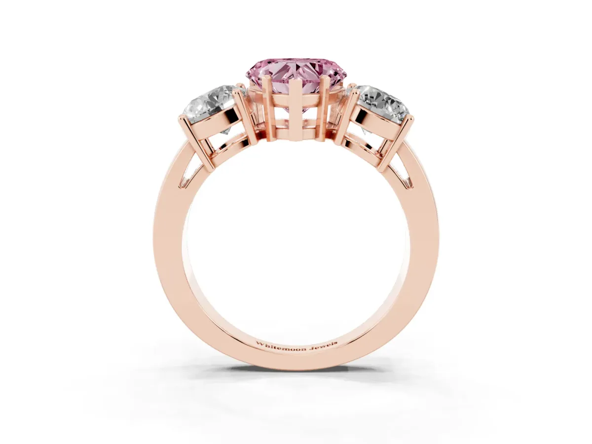 Fancy Pink Three-Stone Heart Cut Diamond Ring with Round Side Stones, Classic Band, and Four-Prong Setting Rose gold