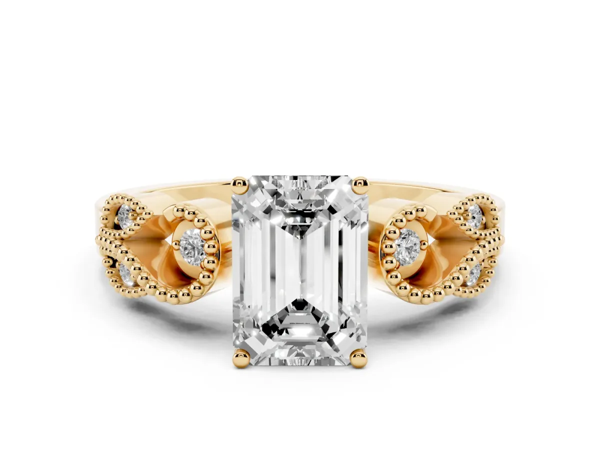 Emerald Cut Solitaire Milgrain Leaf Band with Prong Setting Yellow gold