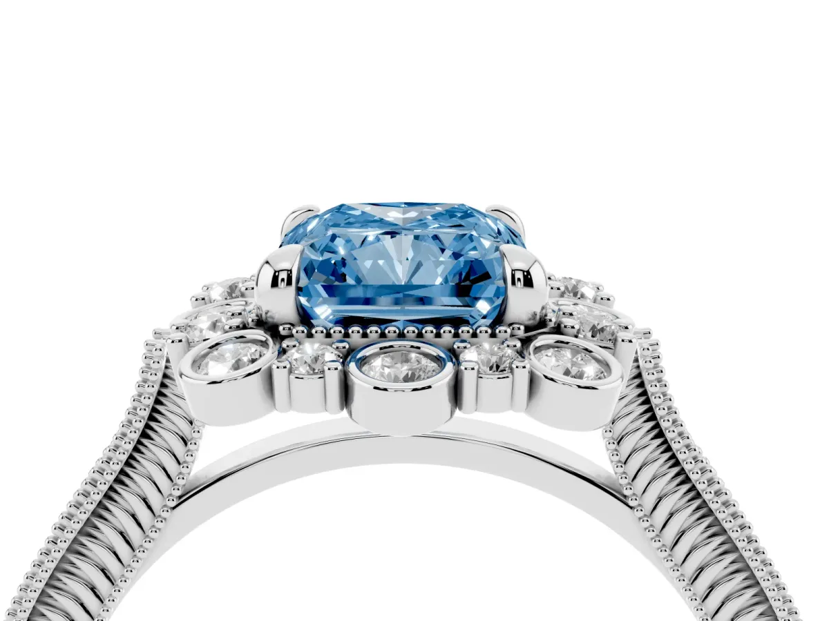Fancy Blue Radiant Cut Halo Milgrain Pave Diamond Ring with Four-Prong Setting Silver