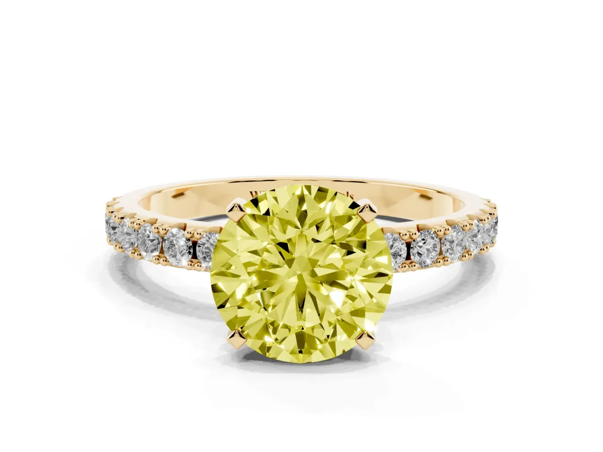 Fancy Yellow Round Cut Diamond Solitaire Pavé Band with Four-Prong Setting Yellow gold