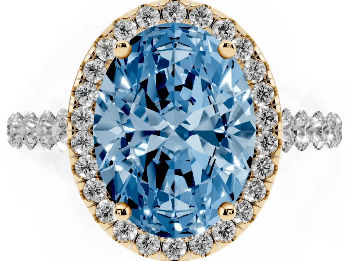 Fancy Blue Oval Cut Halo Pavé Diamond Engagement Ring with Four-Prong Setting Yellow gold