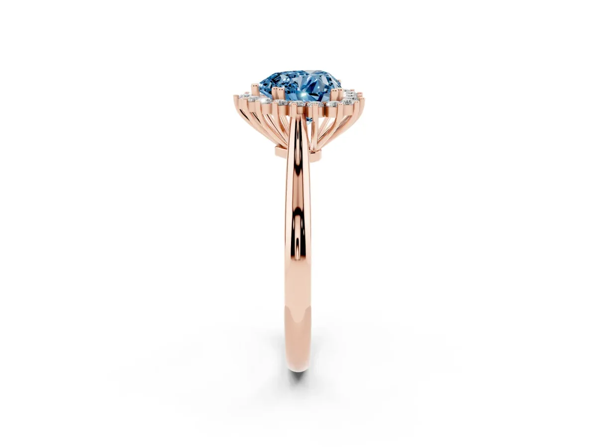 Fancy Blue Heart Cut Cut Diamond Halo Ring with Solitaire Band and Prong Setting Rose gold