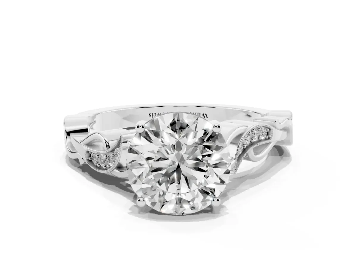 Round Cut Solitaire Vine Band with Milgrain Prong Setting White gold