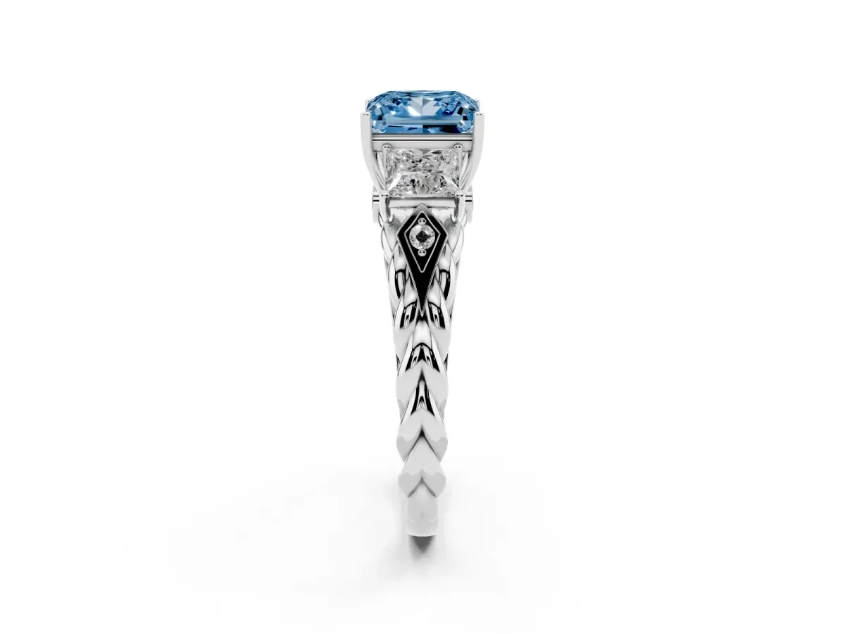 Fancy Blue Three-Stone Princess Cut Diamond Braided Band Ring with Four-Prong Setting Platinum