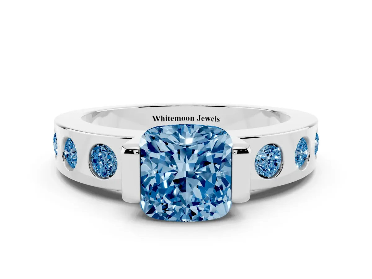 Fancy Blue Cushion Cut Brilliant Channel-Set Diamond Ring with Bezel Prong Setting Silver