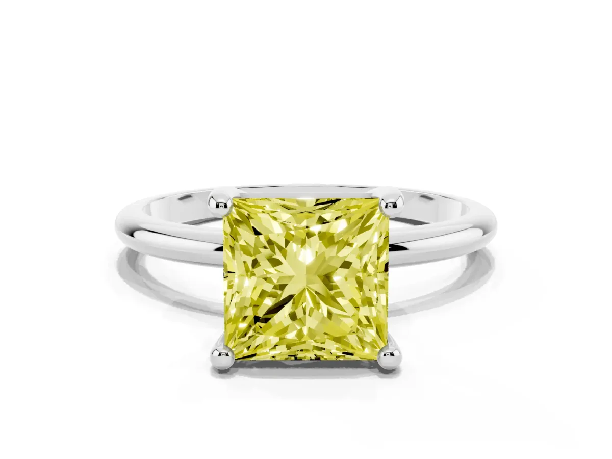 Fancy Yellow Princess Cut Solitaire Diamond Ring with 4-Prong Setting on a Classic Band Silver