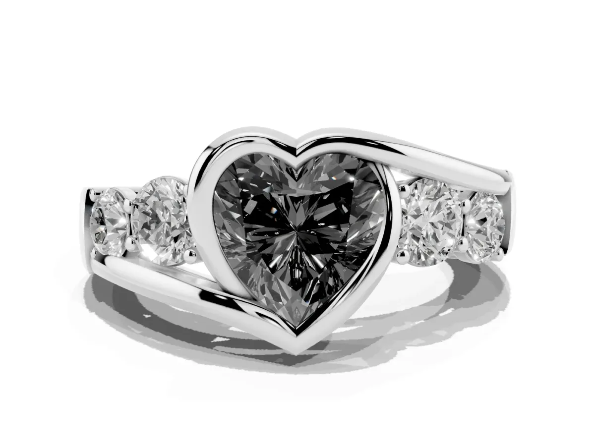 Fancy Black Bezel Set Heart Cut Diamond Bypass Ring with Round Accents Silver