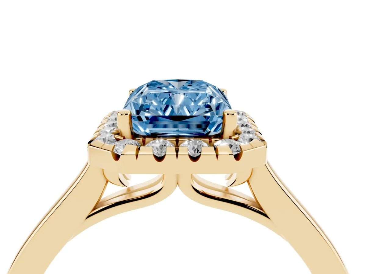Fancy Blue Radiant Cut Halo Round Diamond Solitaire Ring with Pavé Band and Four-Prong Setting Yellow gold