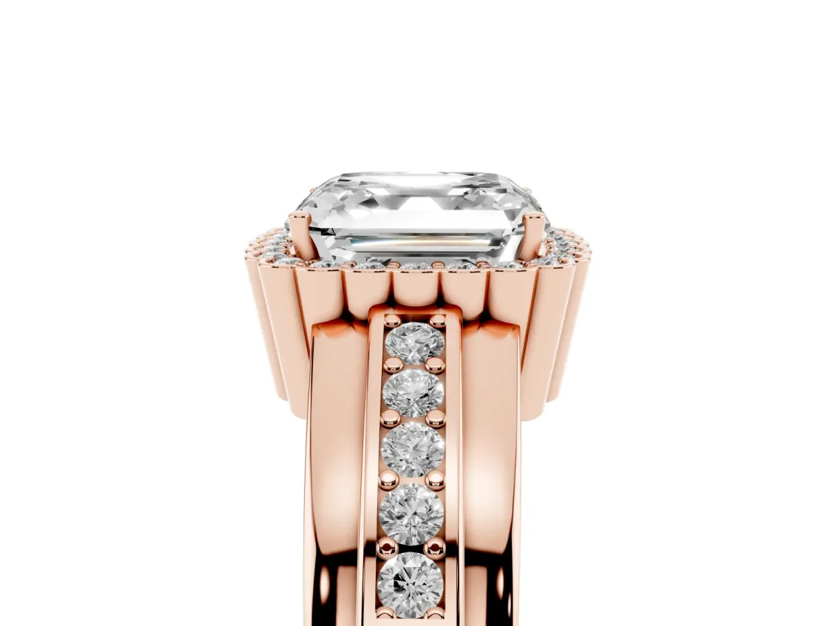 Asscher Cut Cut Halo Pave Band Four-Prong Ring Rose gold